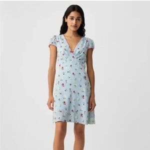 Gap X Doen Light Blue Flower Printed Short Dress with Red Piping V Neck Size 14